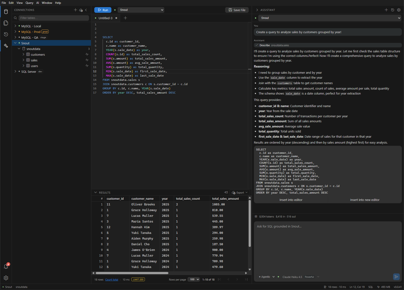 The SnoutData assistant building a multi-table sales report grounded in the real schema
