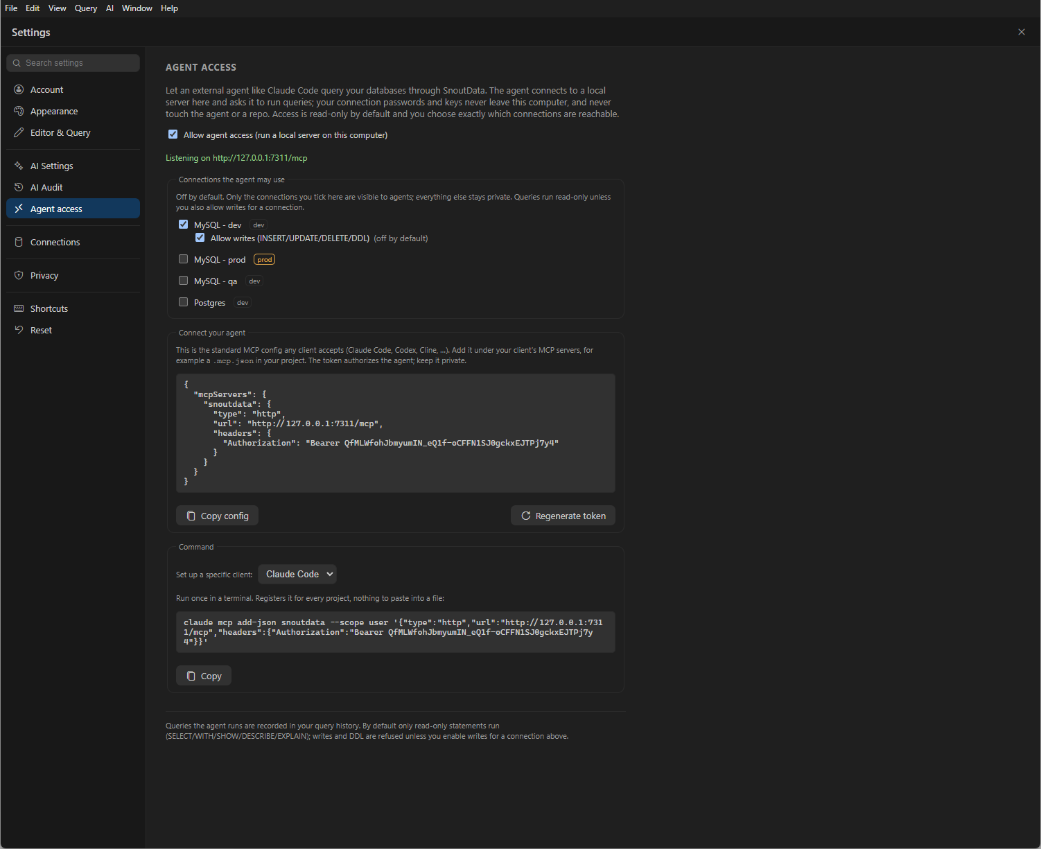 The SnoutData Agent access settings letting an external AI agent query databases over MCP without sharing credentials
