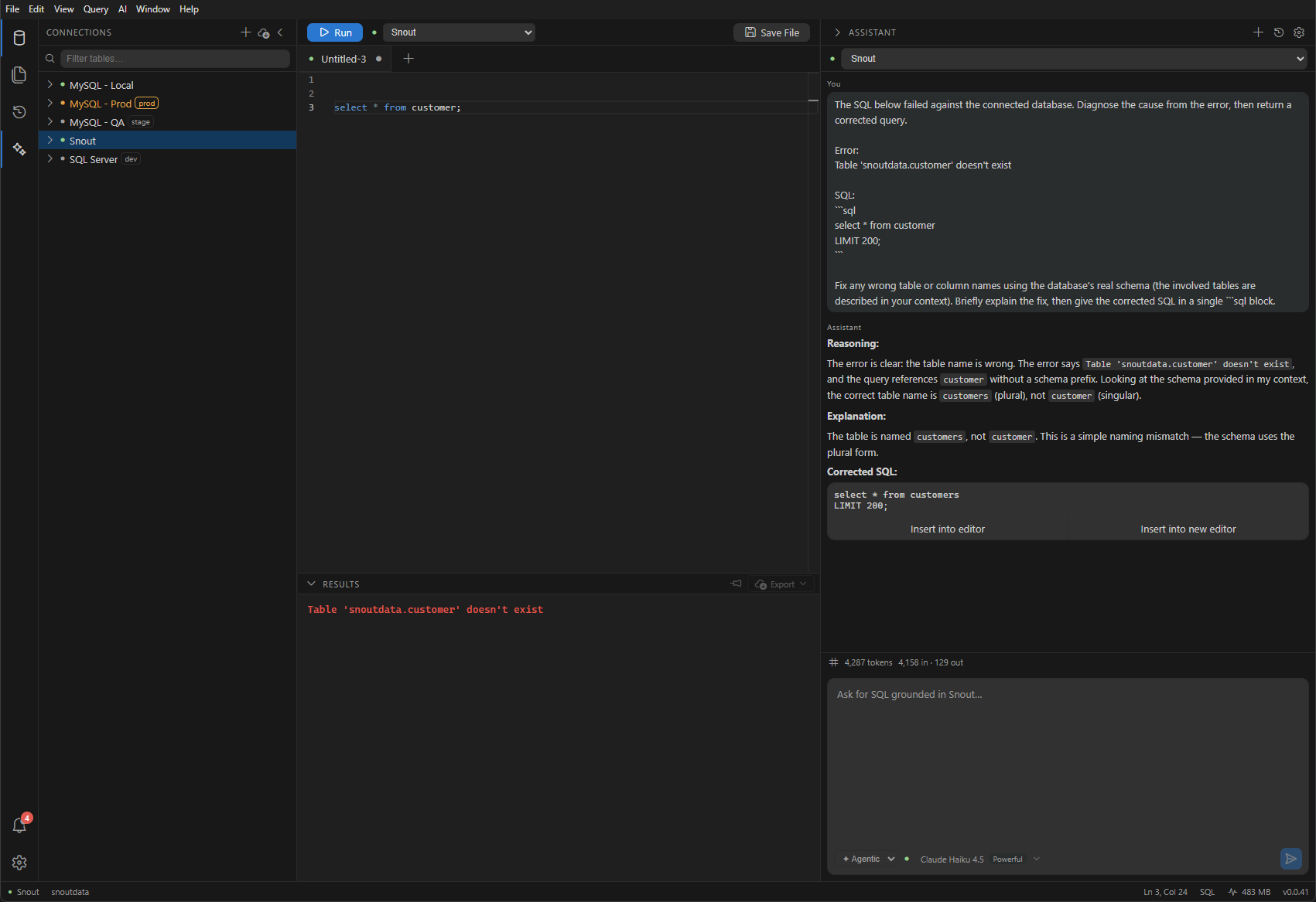 The SnoutData assistant diagnosing and correcting a failed query