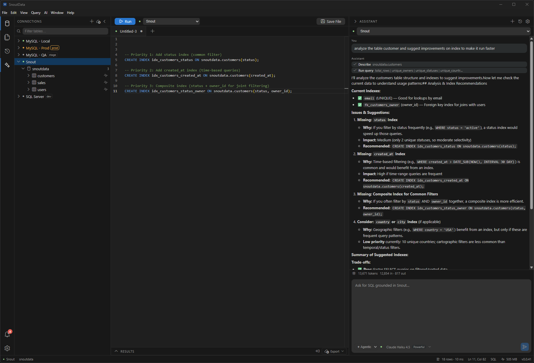 The SnoutData assistant analyzing a table and recommending prioritized CREATE INDEX statements with reasoning