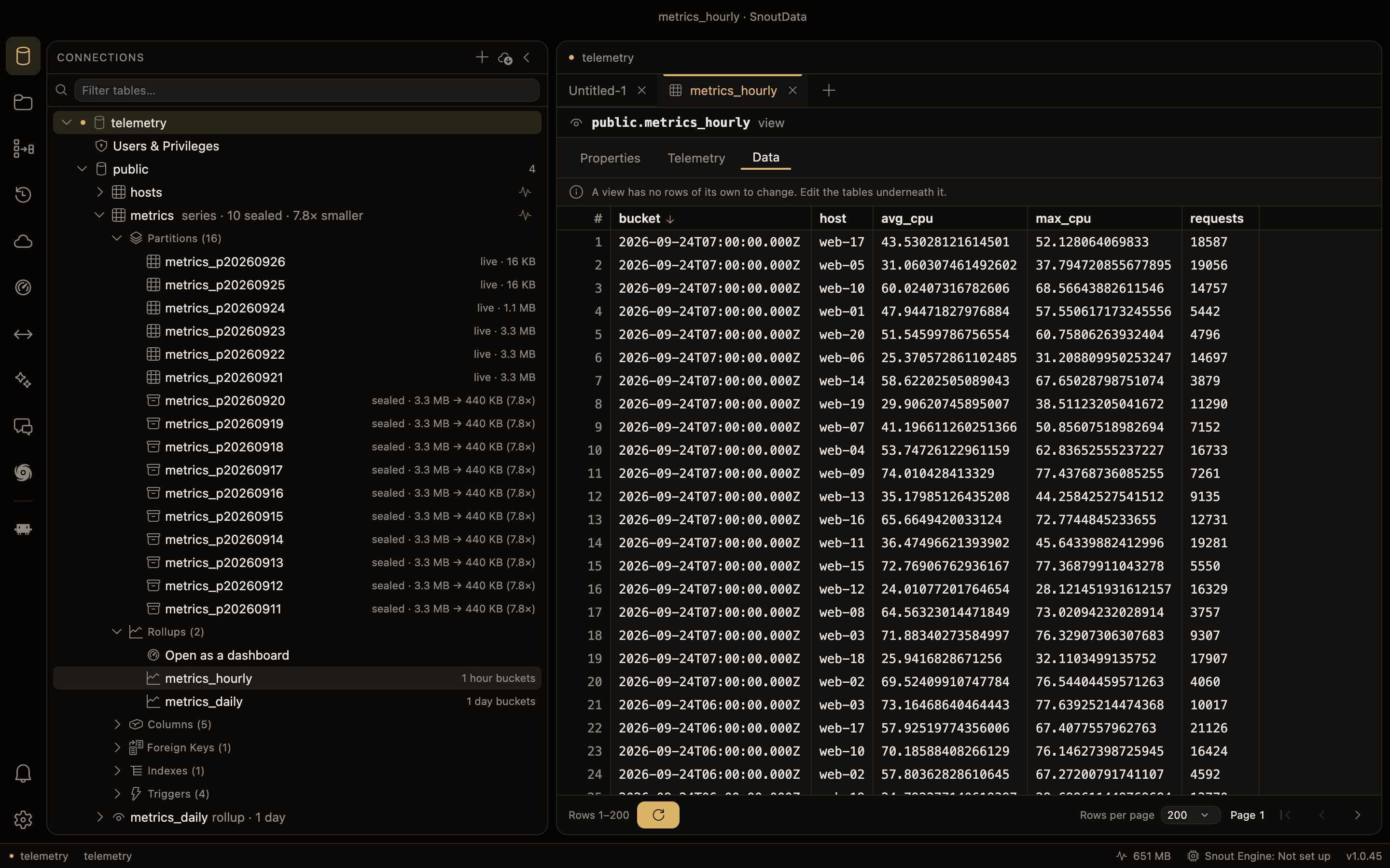 The desktop app's explorer: a series table with its partitions, sealed and live, each with its size before and after sealing, its rollups, and an hourly rollup's rows beside them