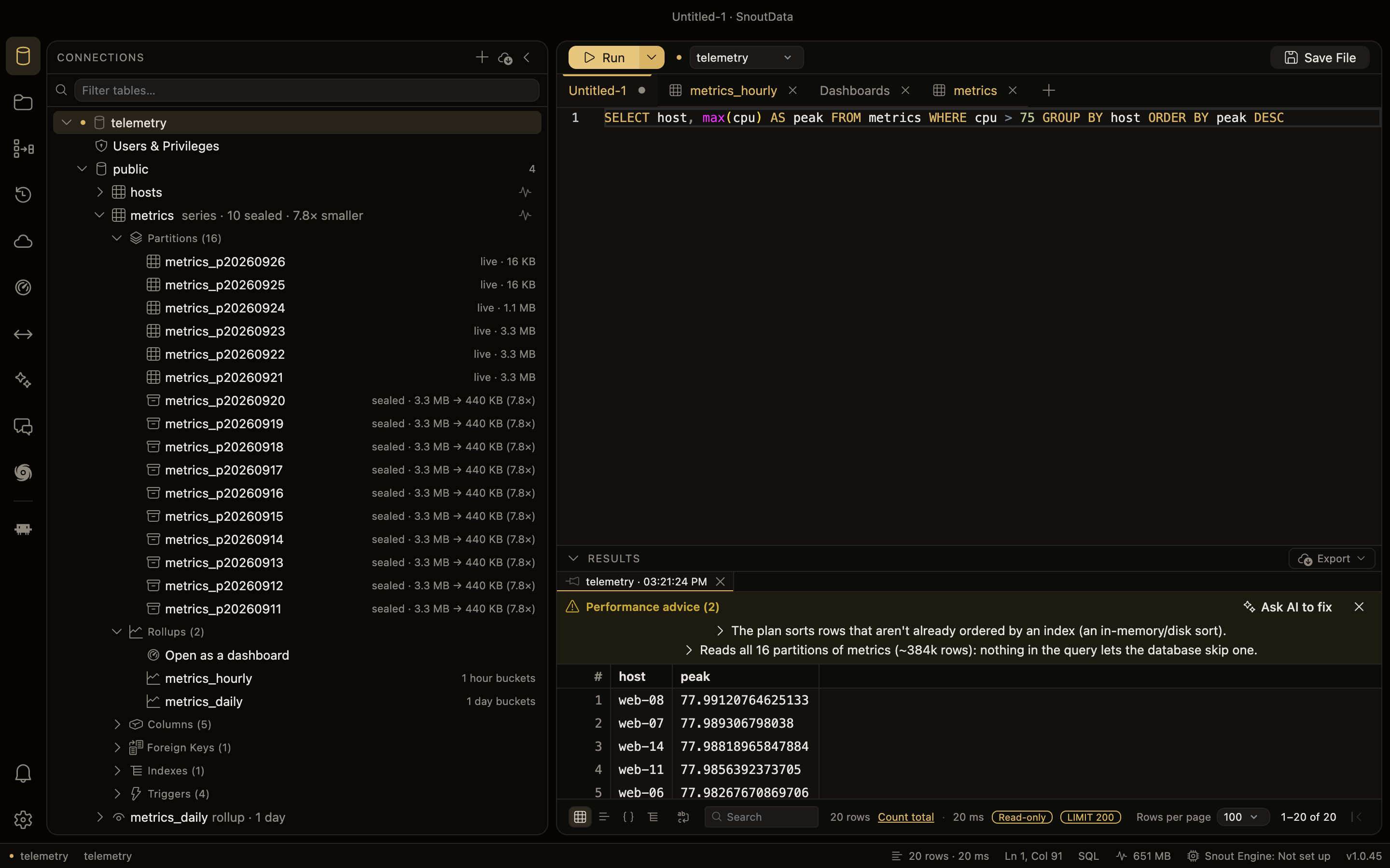 A query with no time filter, with an advisory above its results saying it reads all 16 partitions of the table